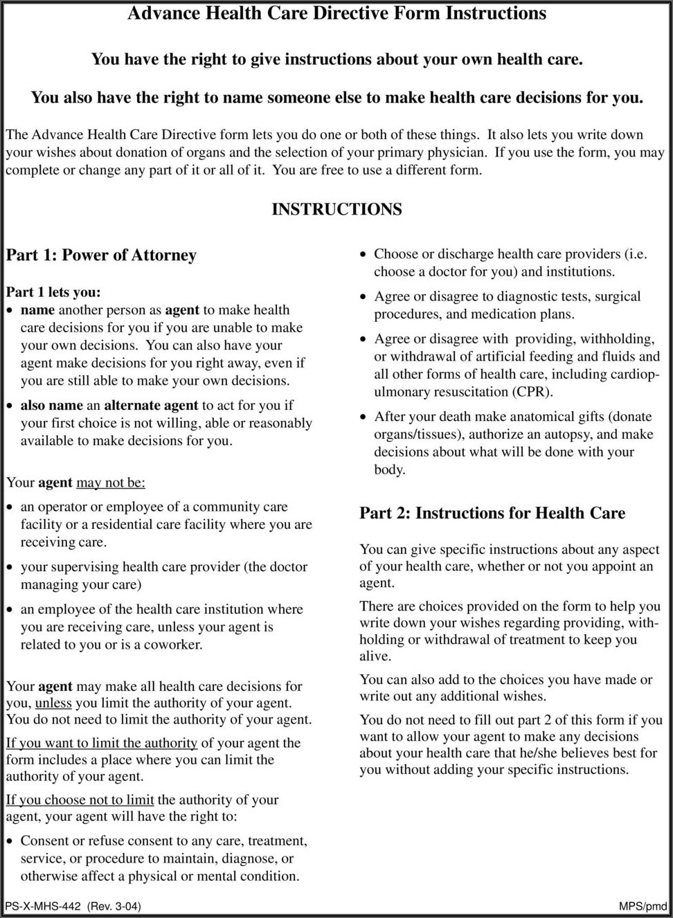 Advance Health Care Directive Form Instructions