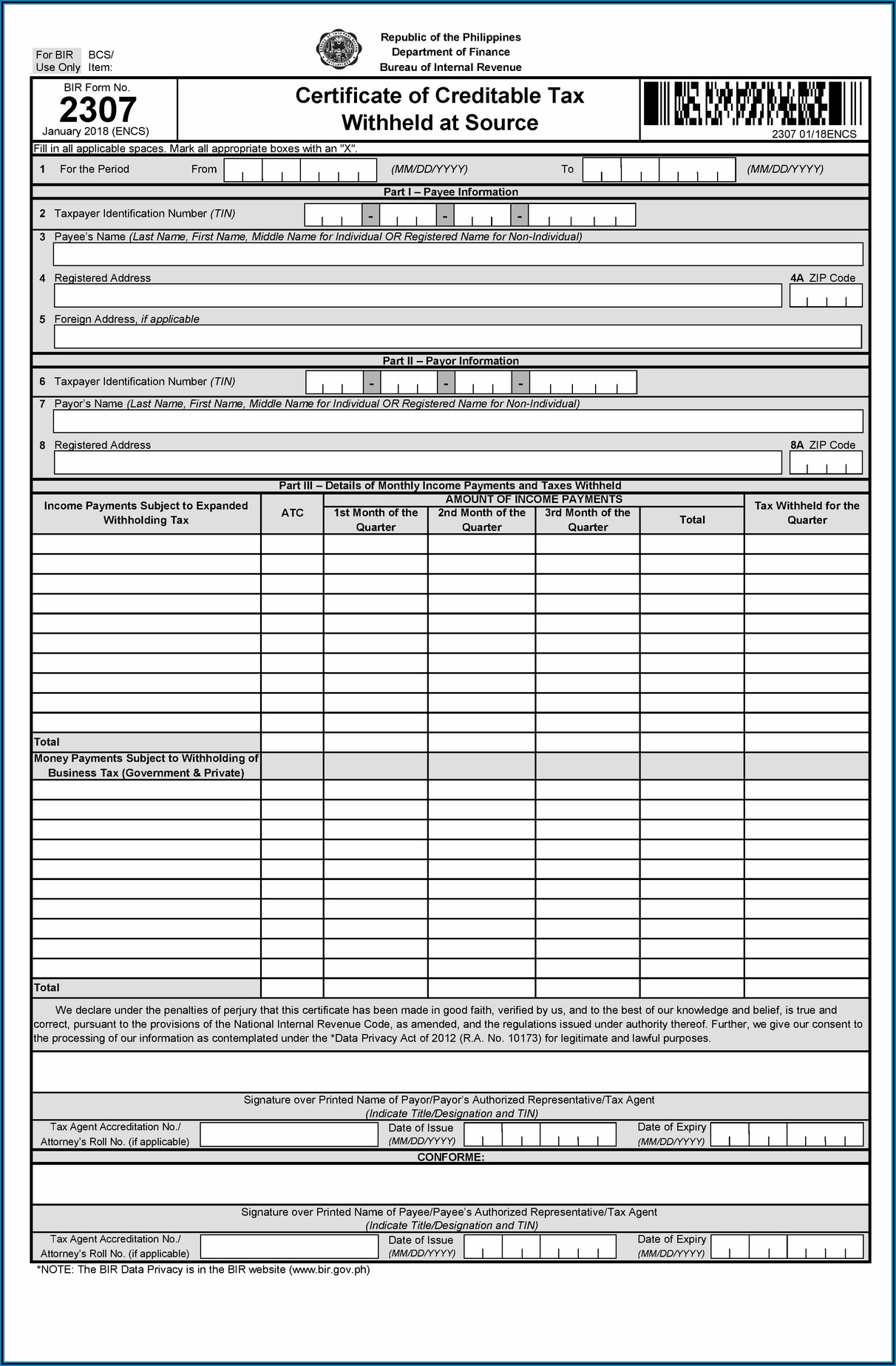 Bureau Of Internal Revenue Form 2307