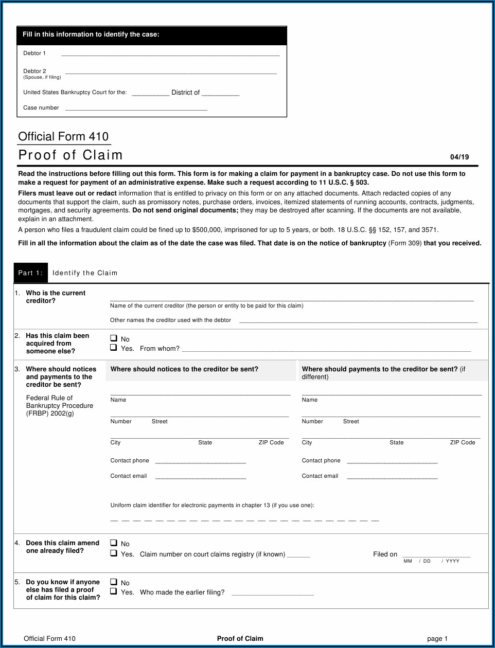 Chapter 11 Bankruptcy Proof Of Claim Form