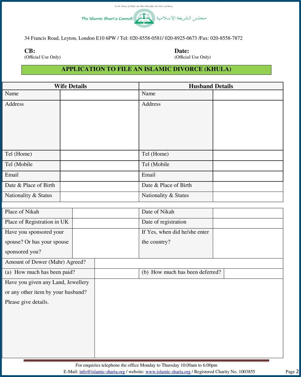Divorce Application Form For Muslim In India
