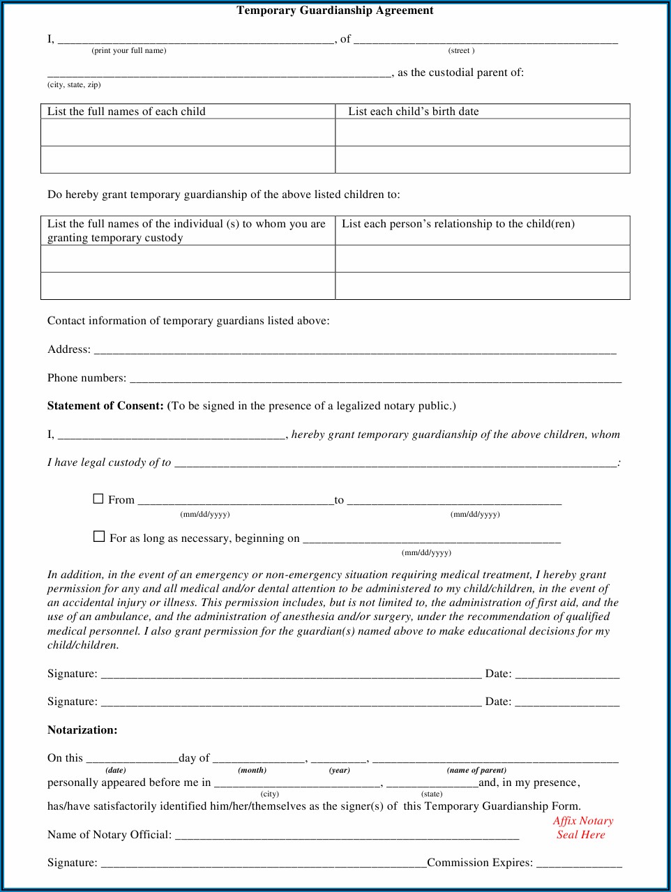 Forms For Temporary Guardianship California