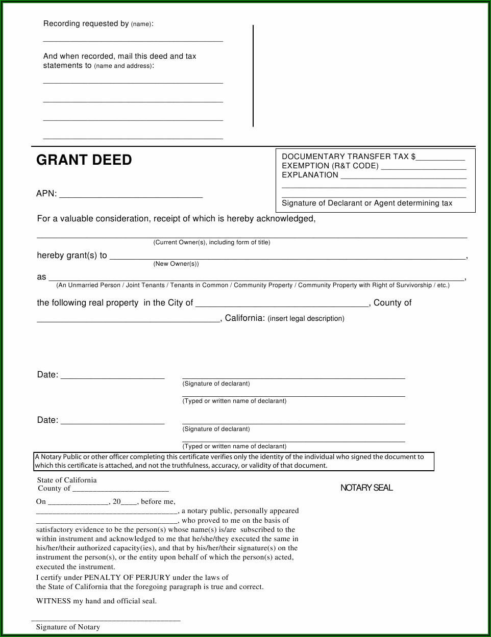 Free Joint Tenancy Grant Deed Form California