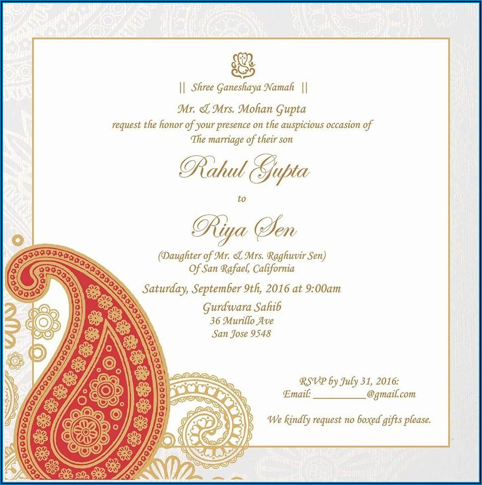 Hindu Indian Wedding Invitation Wording