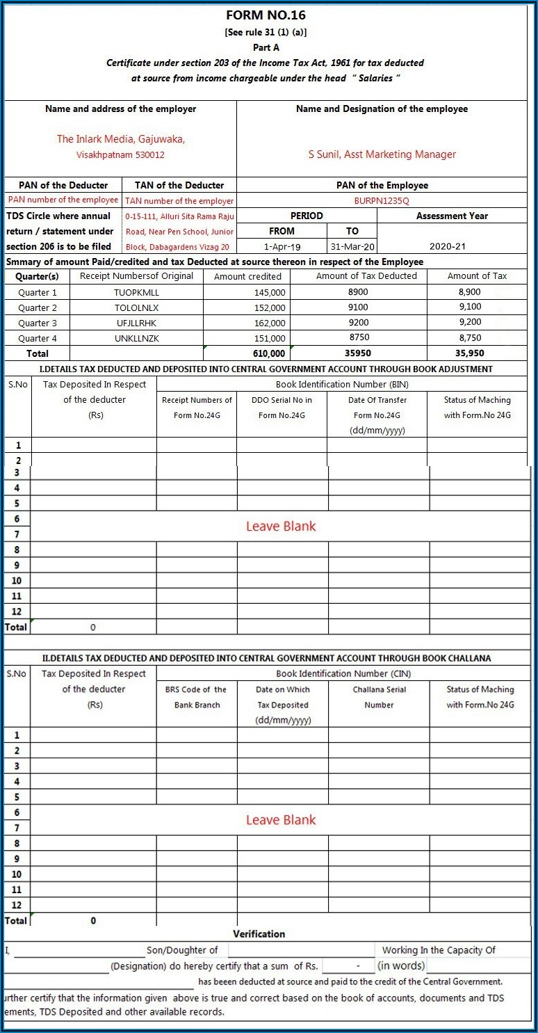 Income Tax Blank Form 16