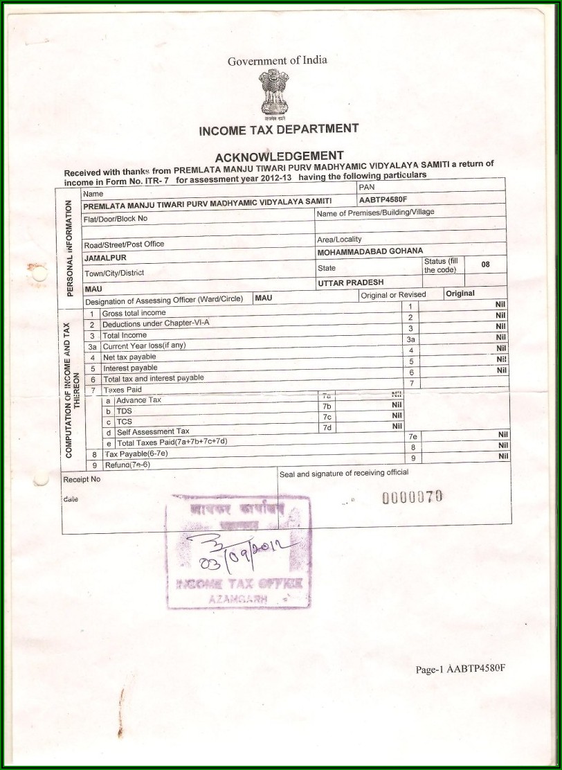 Income Tax Return Form For Ay 2012 13