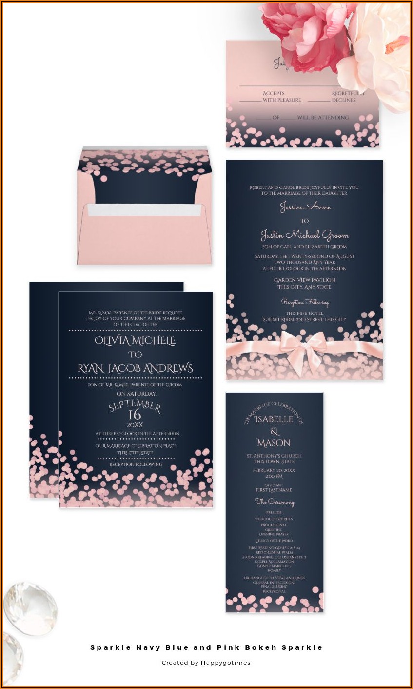Navy Blue And Light Pink Wedding Invitations