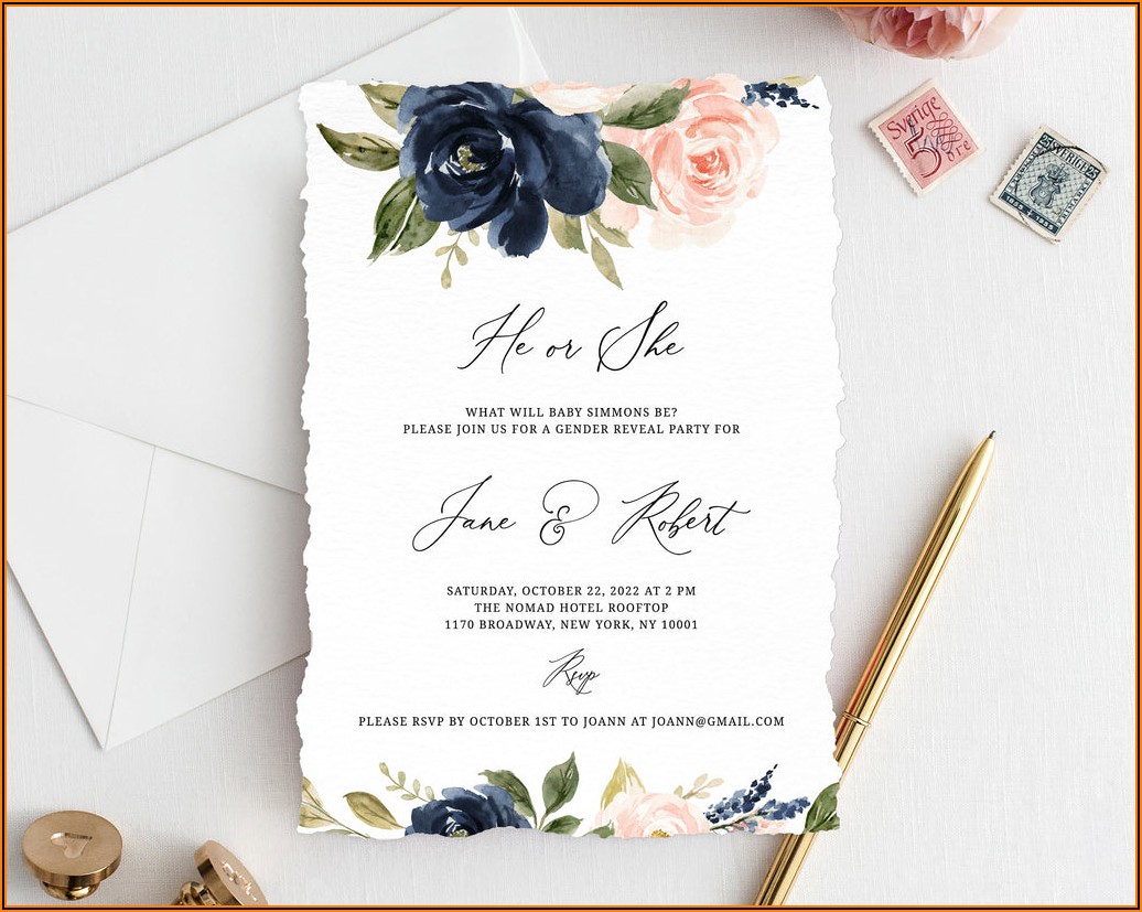 Navy Blue And Pink Gender Reveal Invitations Free