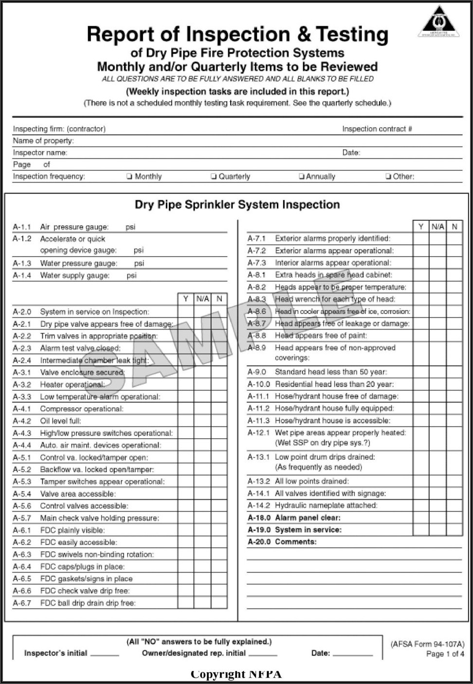 Nfpa 13 Inspection Forms