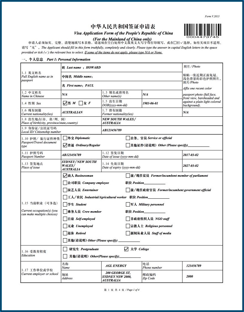 Sample Of China Visa Application Form