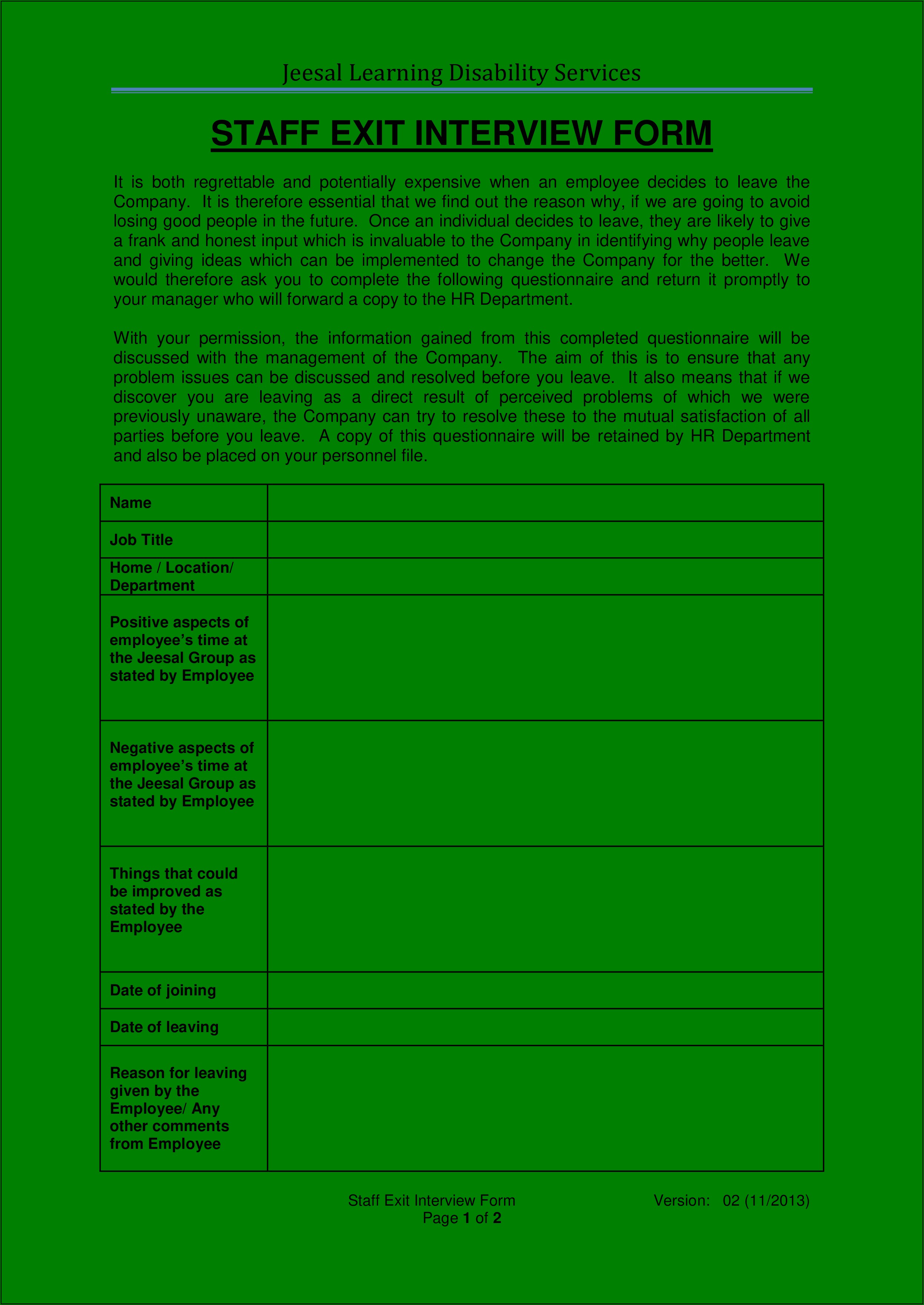 Sample Of Employee Exit Interview Form