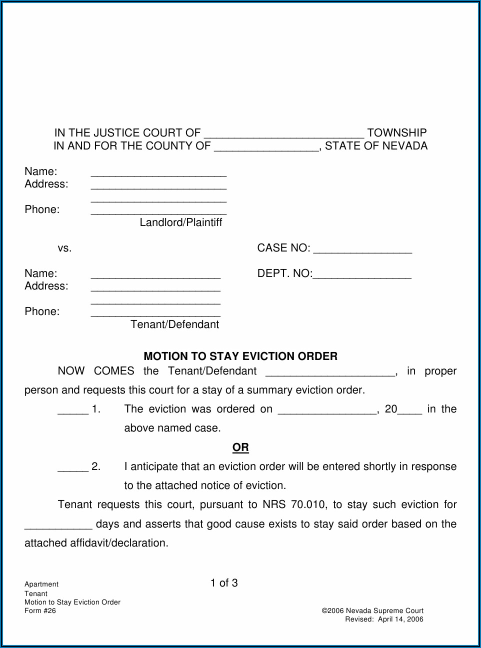 Stay Of Eviction Form California