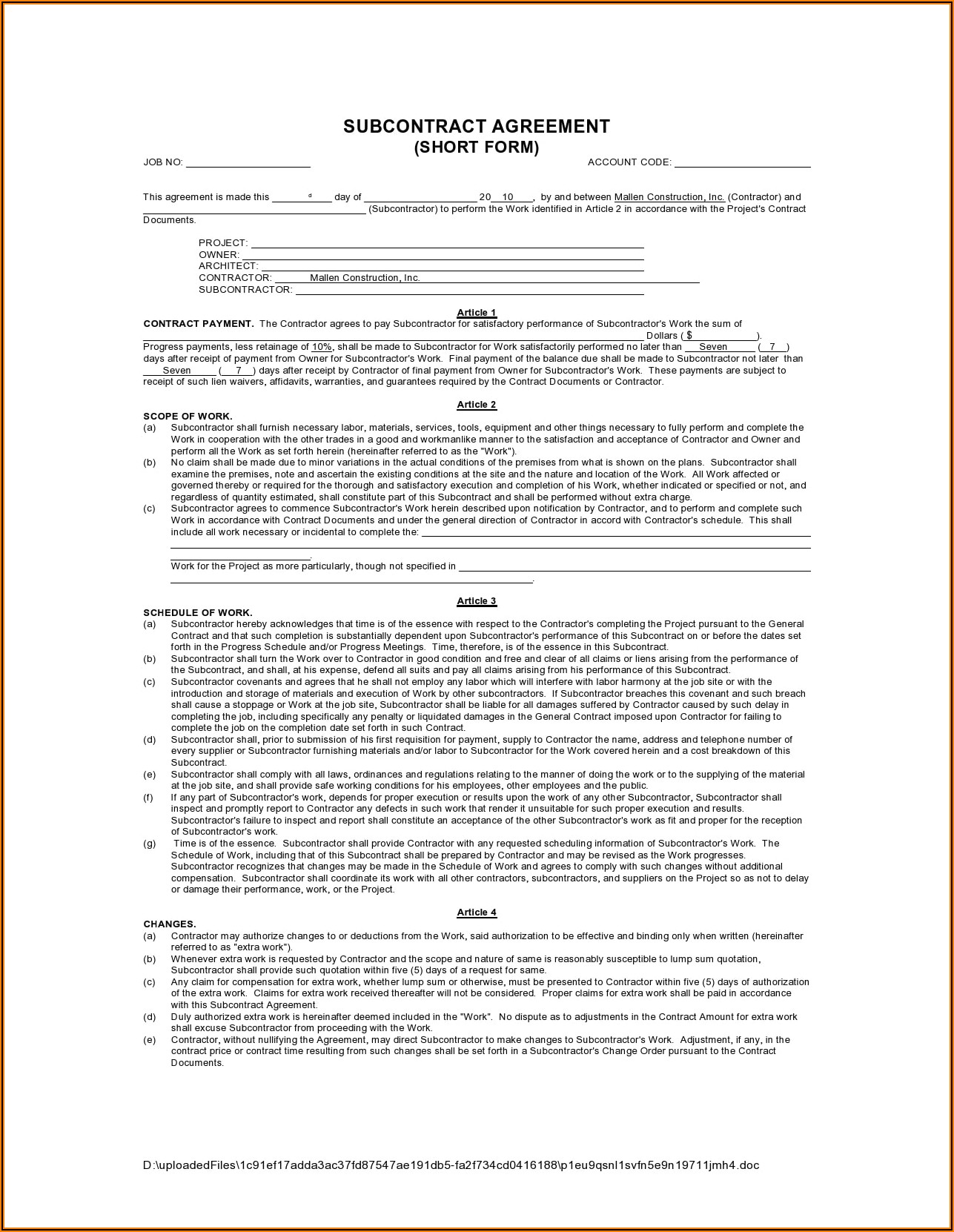 Basic Subcontractor Agreement Template