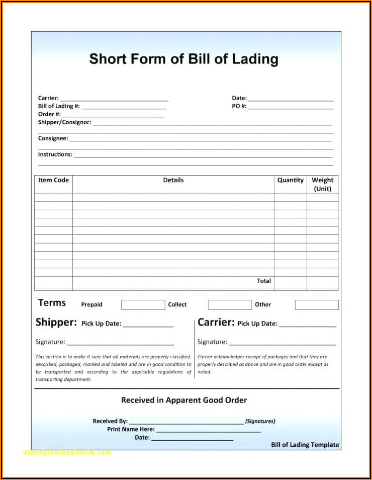 Bill Of Lading Form Example