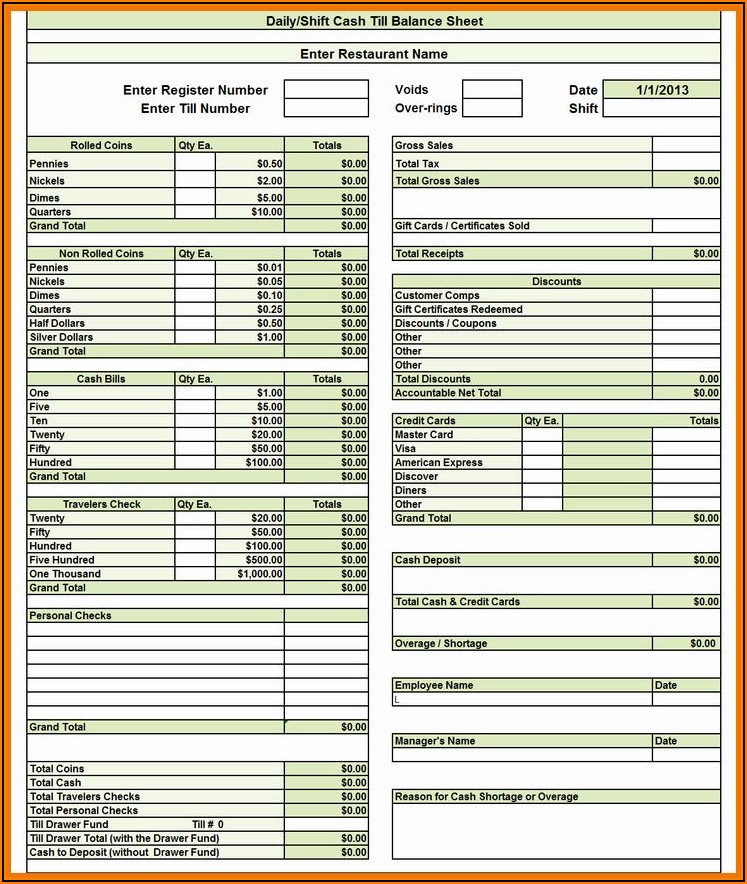 Cash Drawer Balance Sheet Template