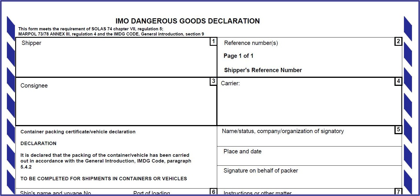 Imo Dangerous Goods Declaration Form Sample