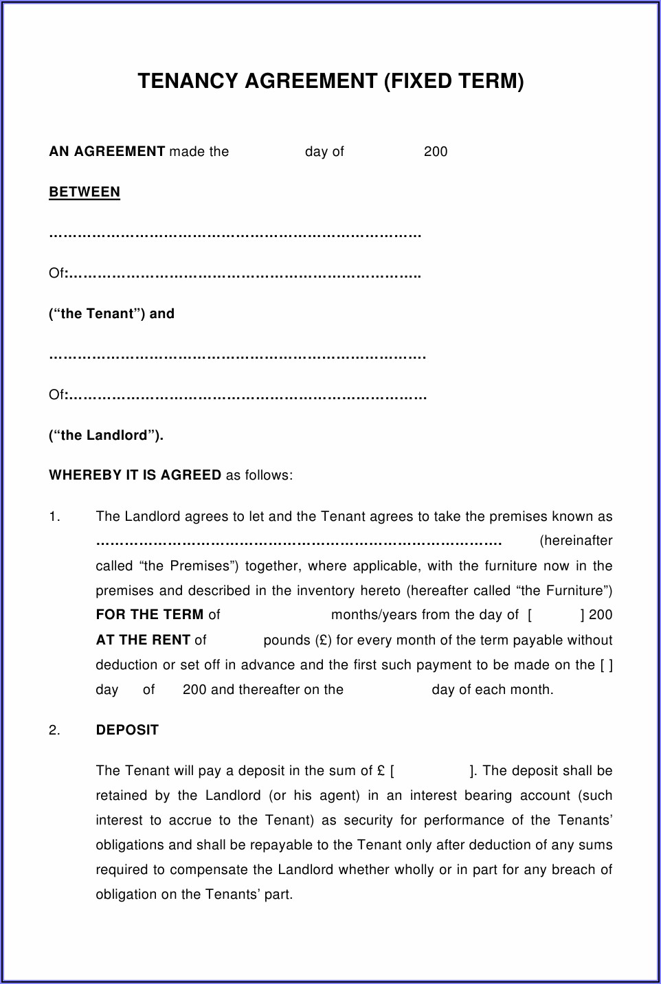 Landlord Tenant Agreement Form Uk