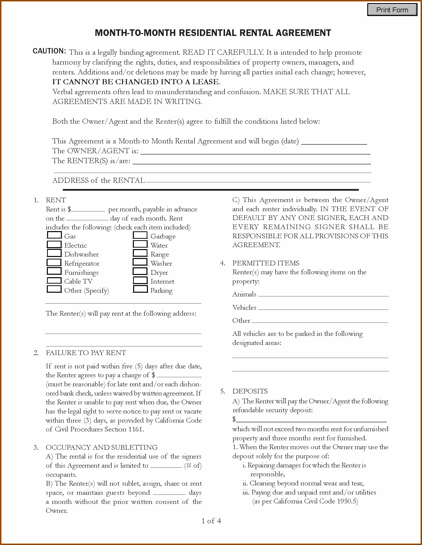Residential Lease Agreement California Short Form