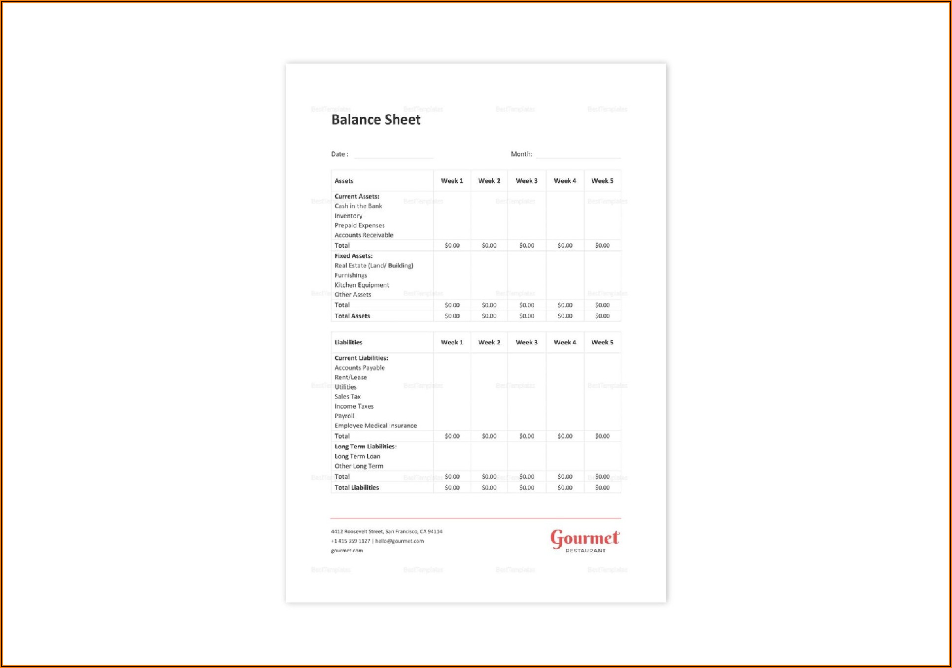 Restaurant Balance Sheet Template Excel