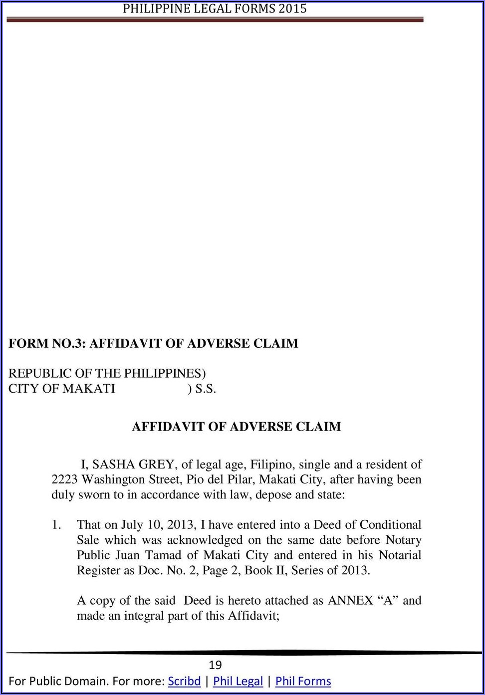 Sample Form Affidavit Of Adverse Claim