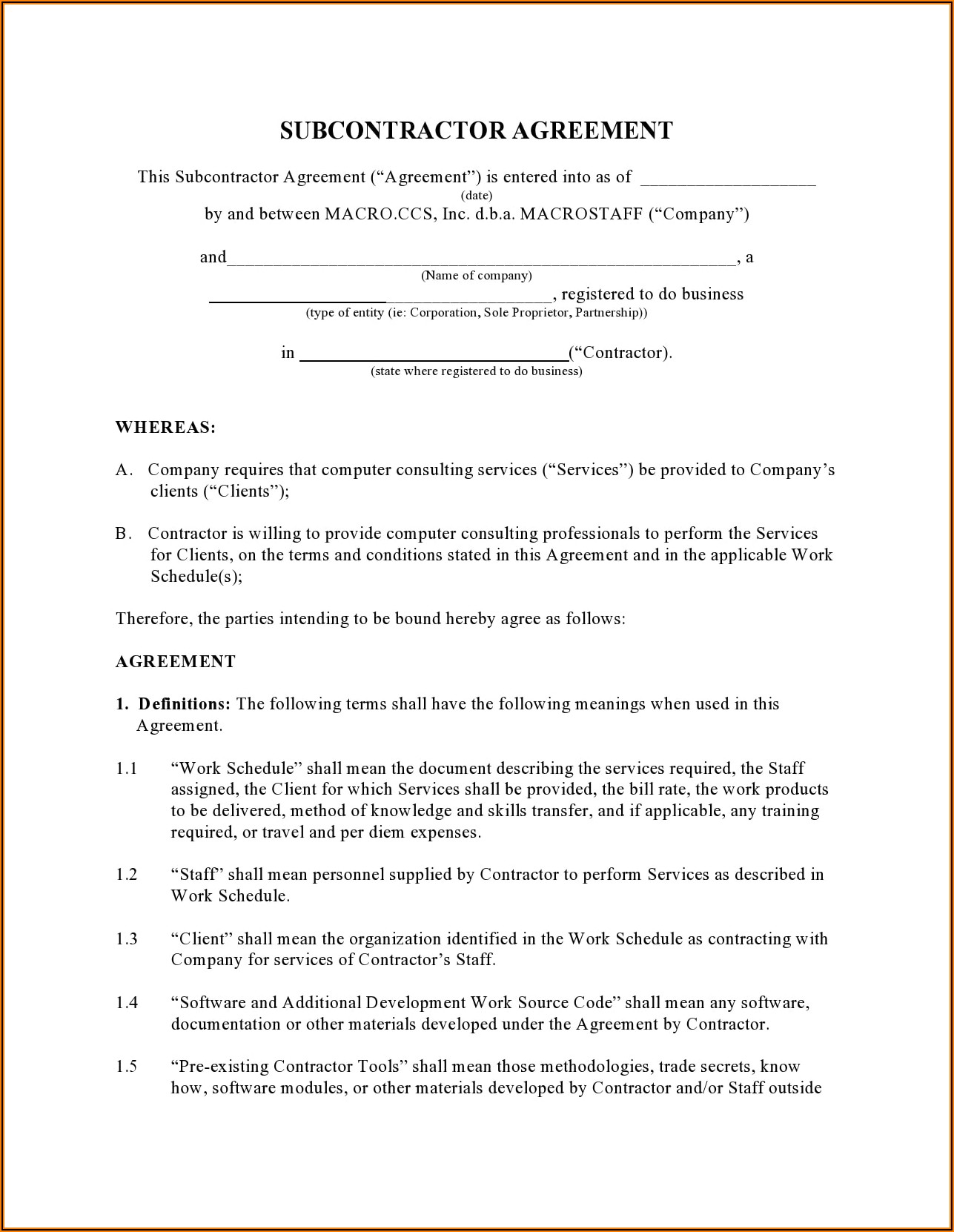 Simple Subcontractor Agreement Template Uk