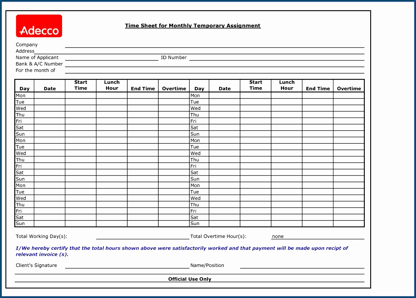 Download Monthly Timesheet Template Excel