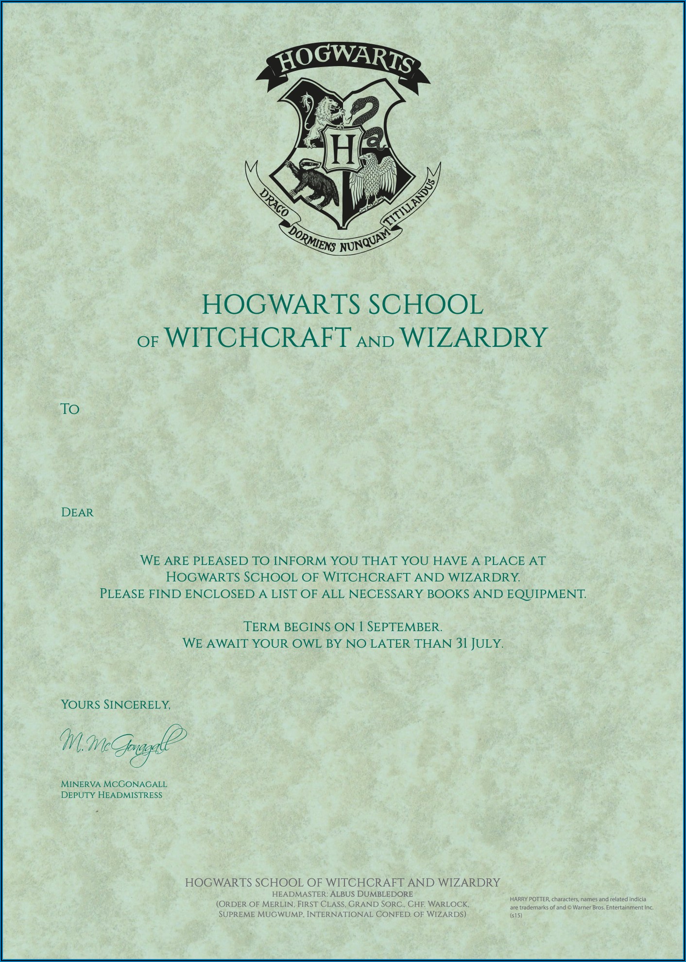 Harry Potter Hogwarts Letter Template