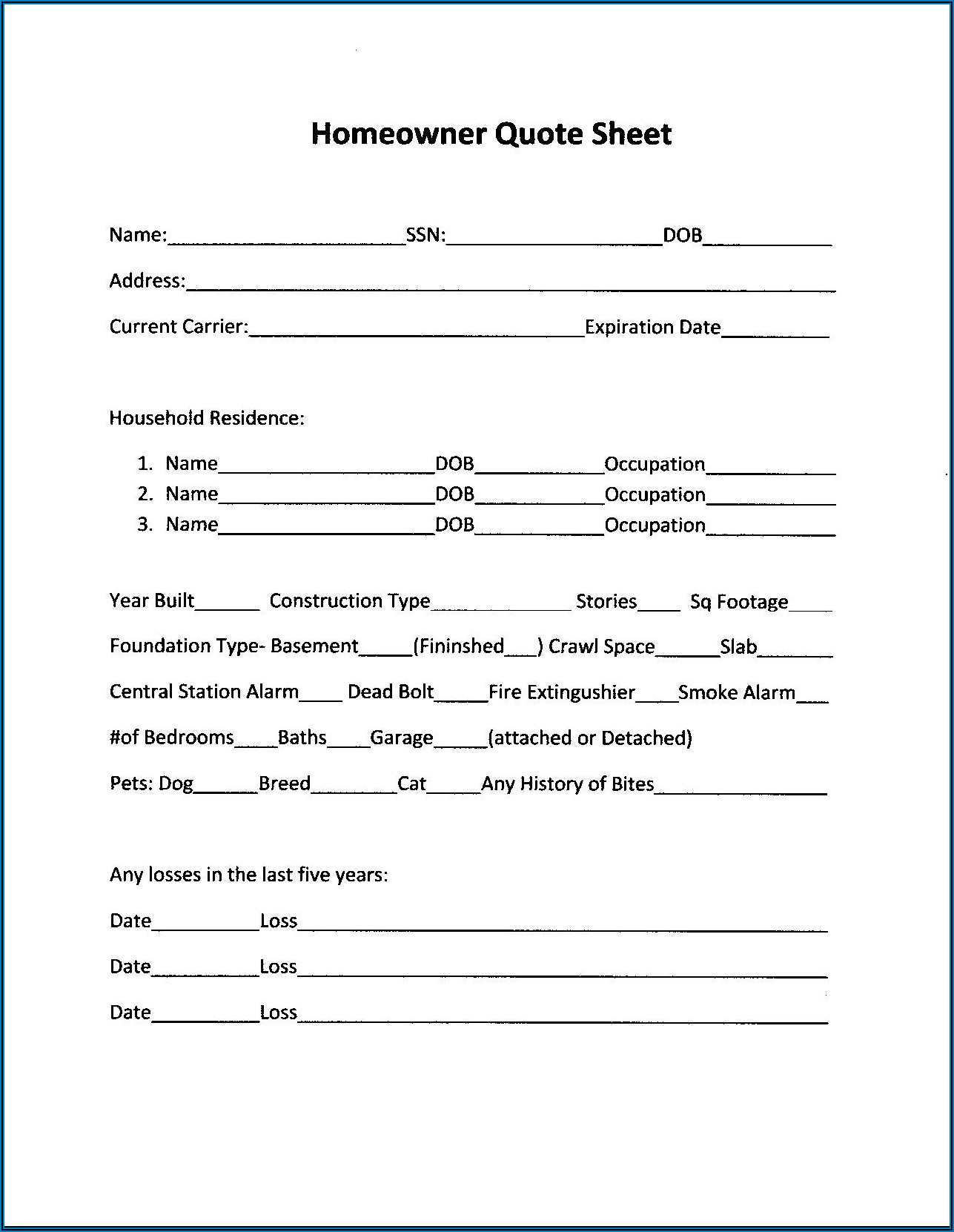 Homeowners Insurance Quote Sheet Template