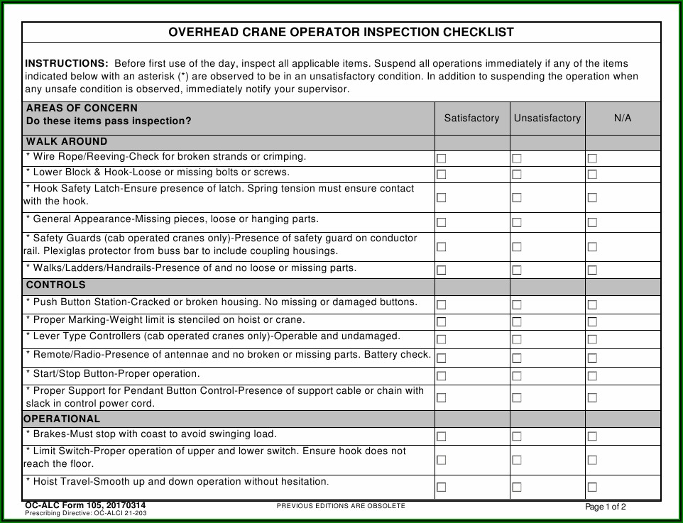 Monthly Overhead Crane Inspection Form
