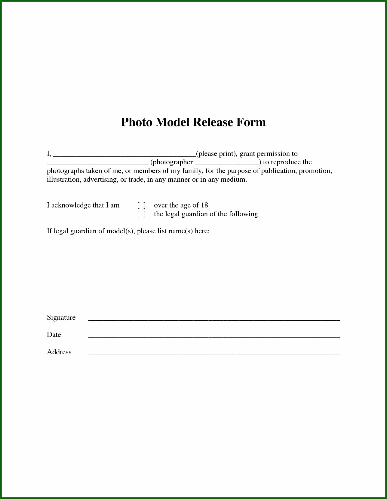 Photographer Release Form Free