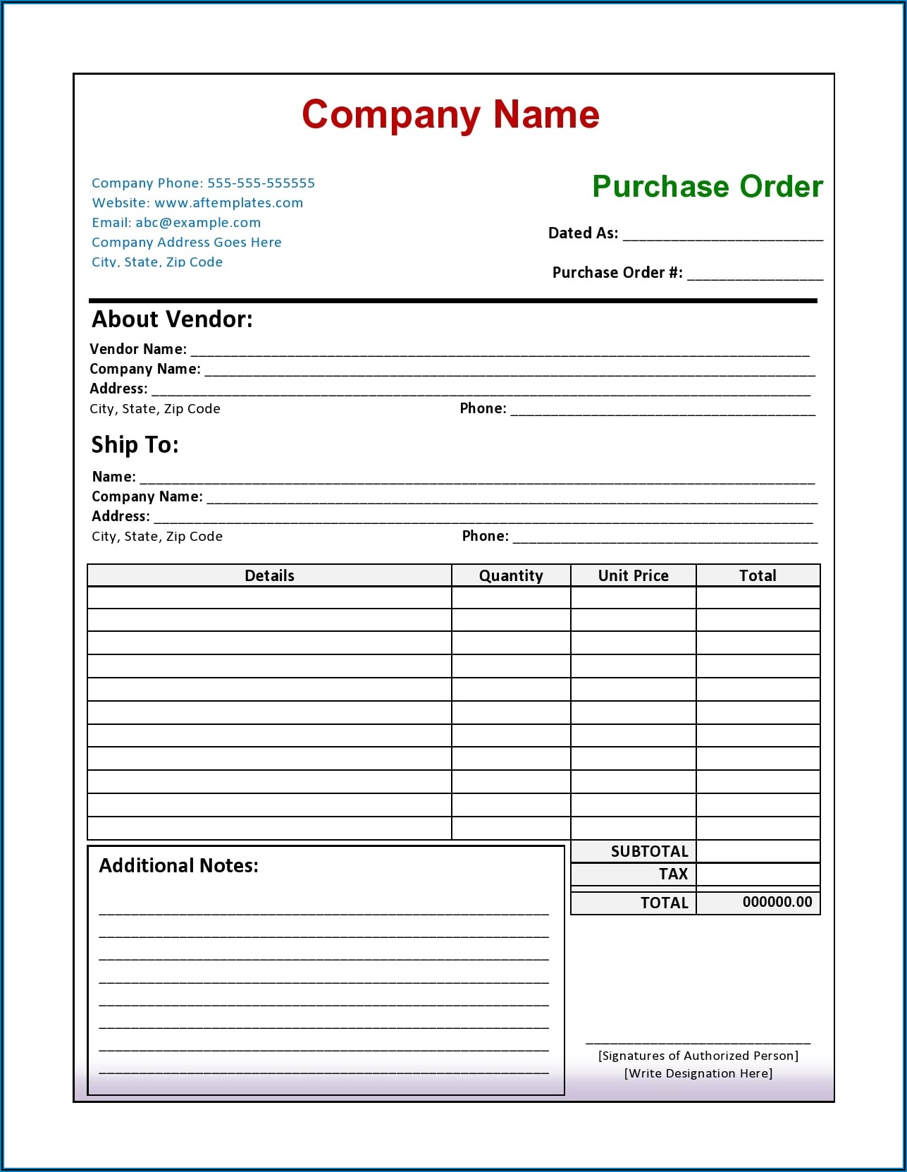 Purchase Order Form Sample Free Download