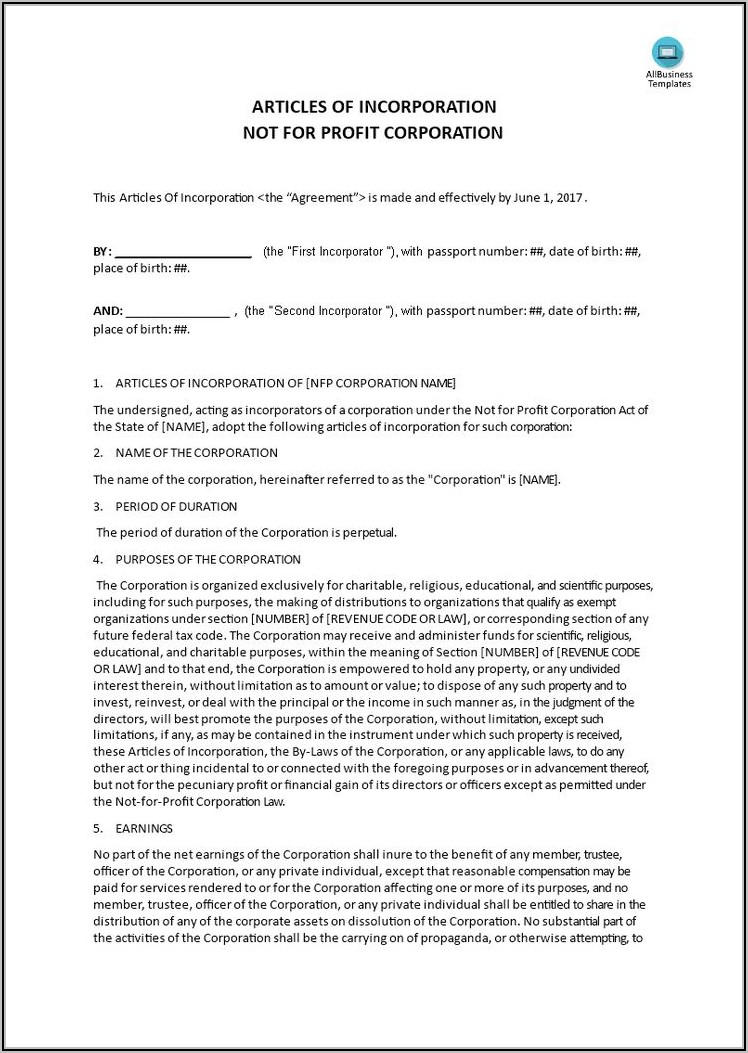 501c3 Articles Of Incorporation Template