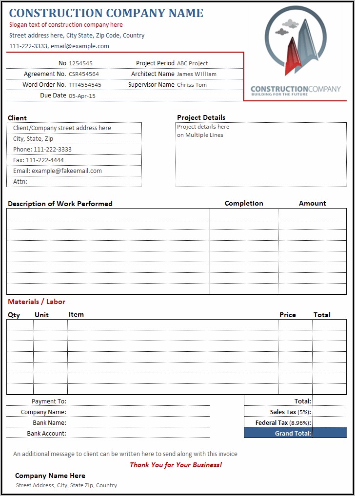 Free Printable Construction Invoice Template