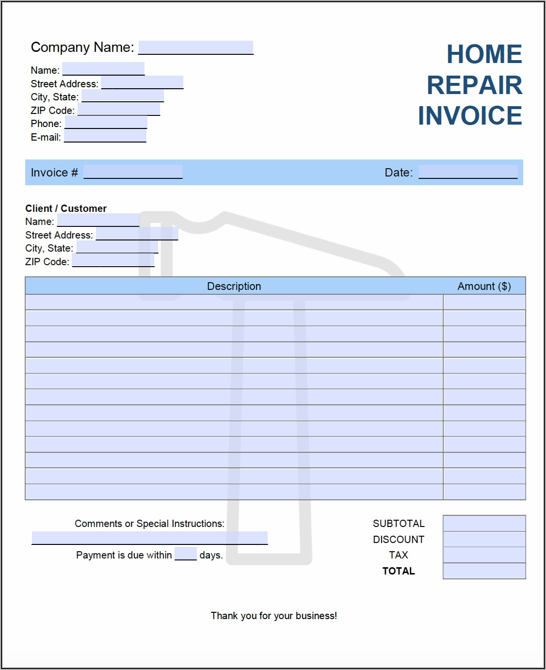 Home Repair Invoice Template Free