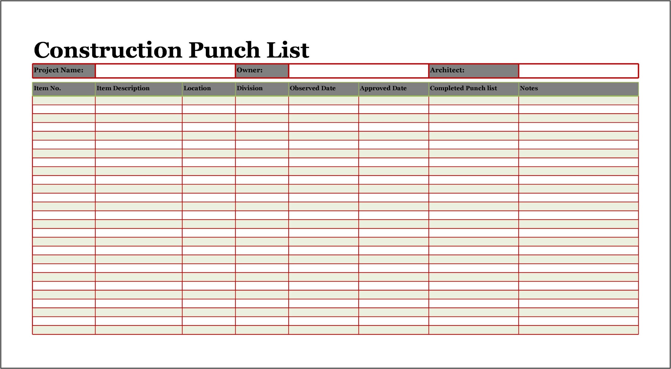 Printable Punch List Template Pdf