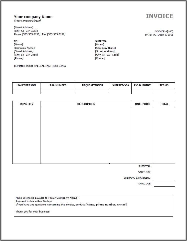 Template For Invoices Microsoft Word