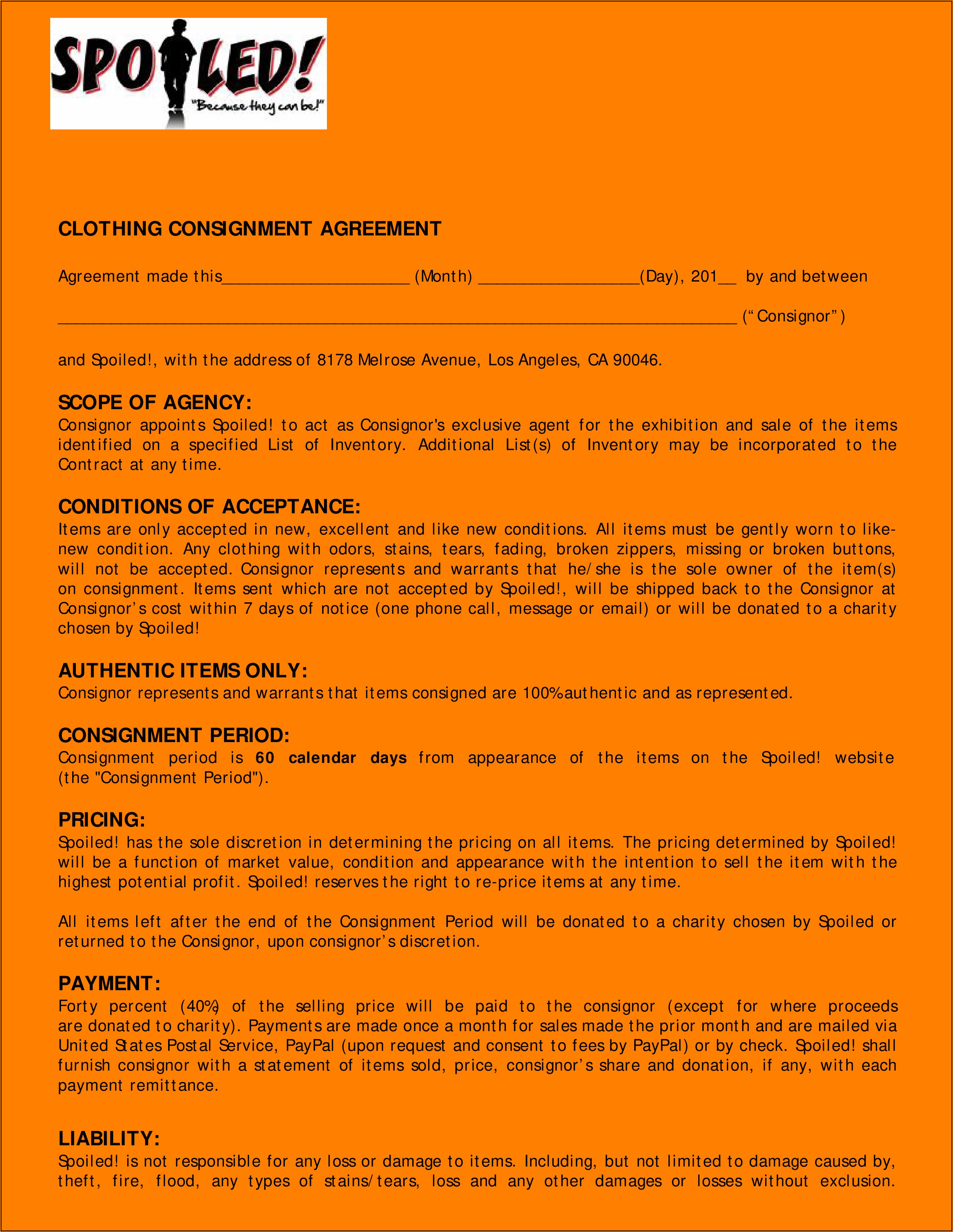 Consignment Agreement Form Free