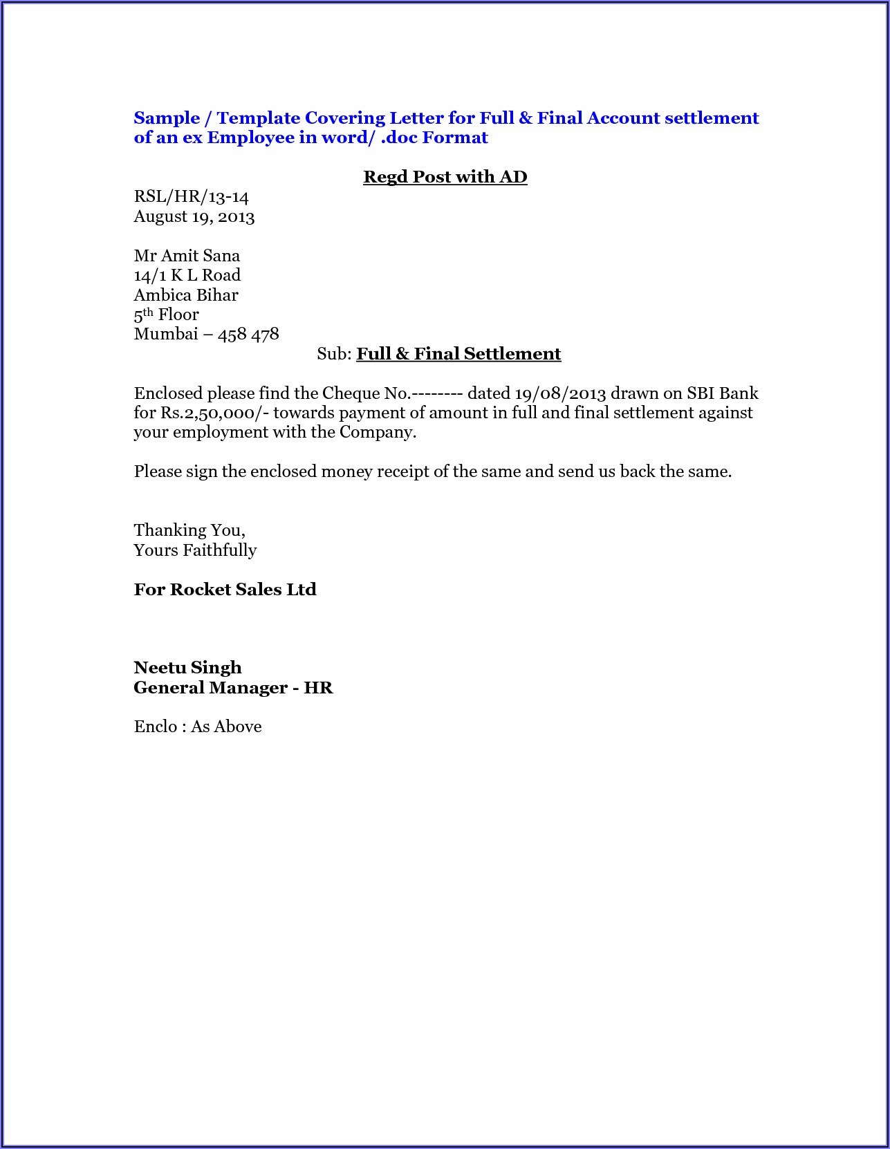 Employee Settlement Agreement Letter