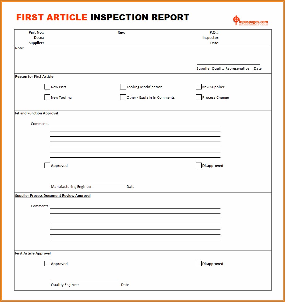 First Article Inspection Form Template
