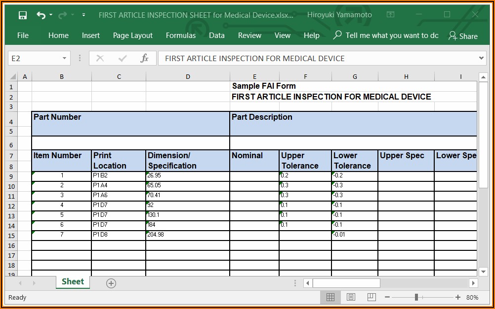 First Article Inspection Spreadsheet