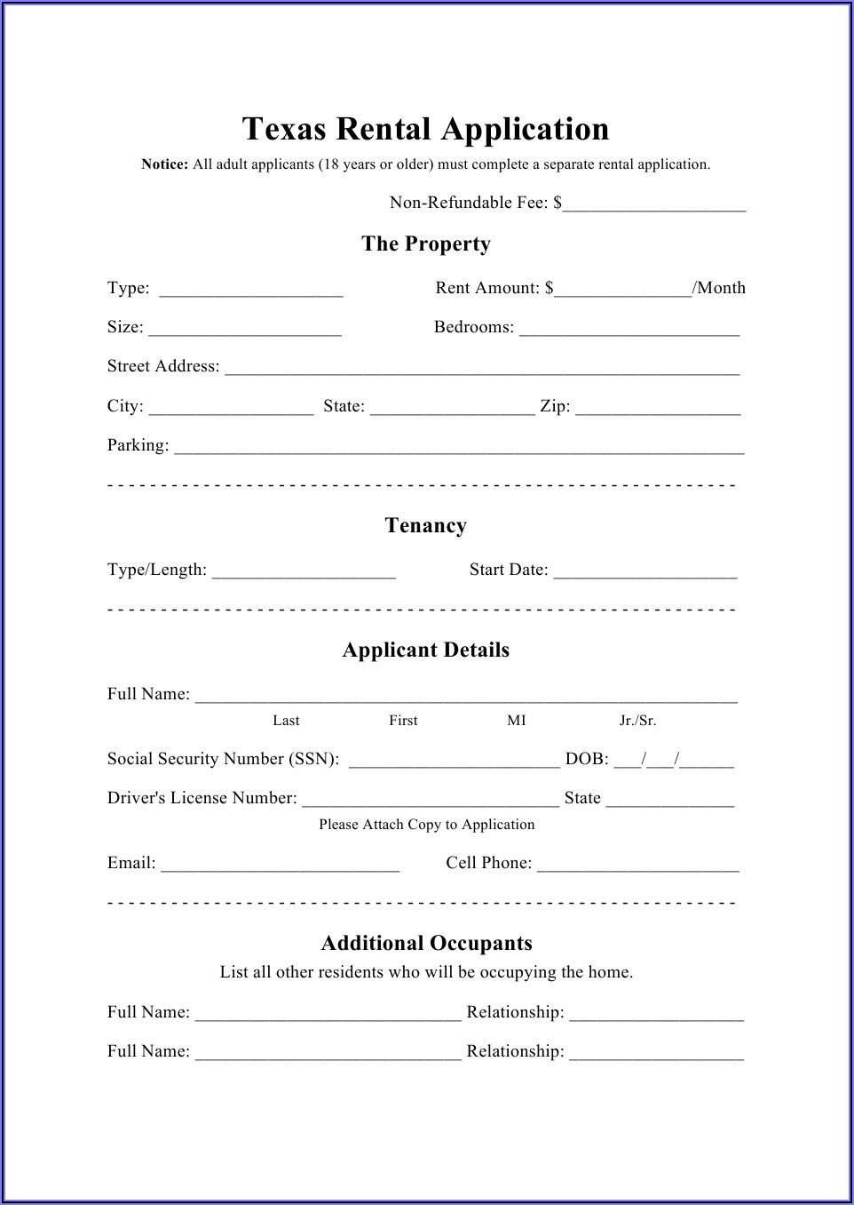 Landlord Tenant Rental Application Form