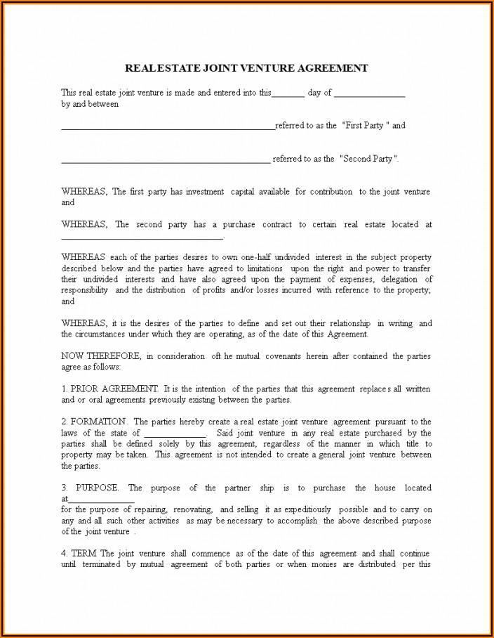 Real Estate Joint Venture Agreement Template