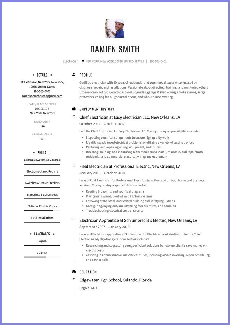 Resume Sample For Electrician Job