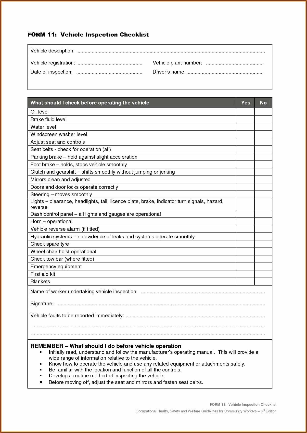 Vehicle Inspection Checklist Template Free