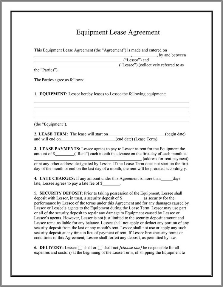 Word Free Equipment Rental Agreement Form Template