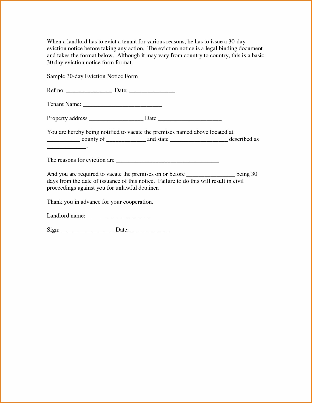 30 Day Eviction Letter Template