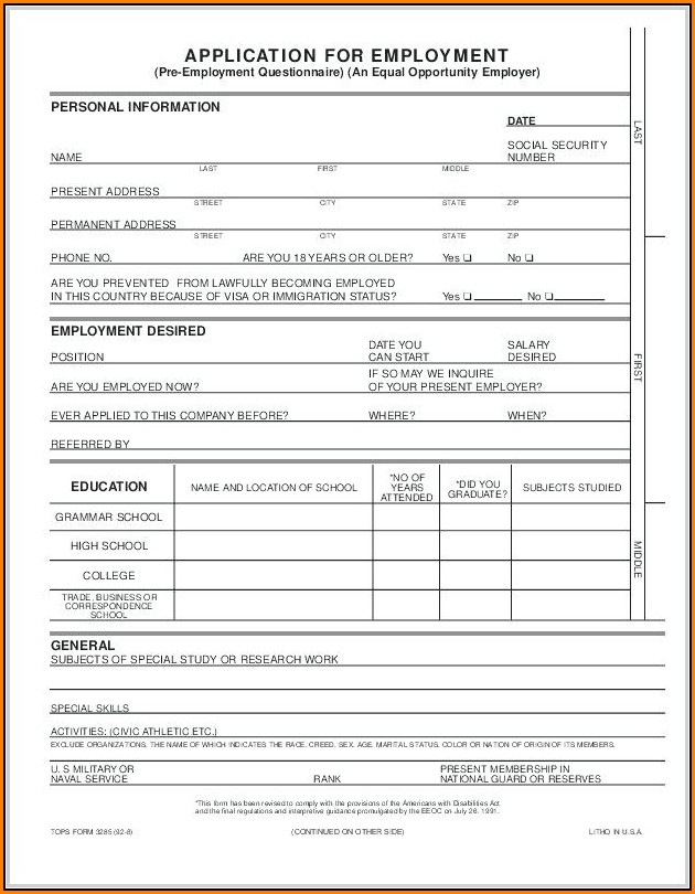 Blank Generic Employment Application Form