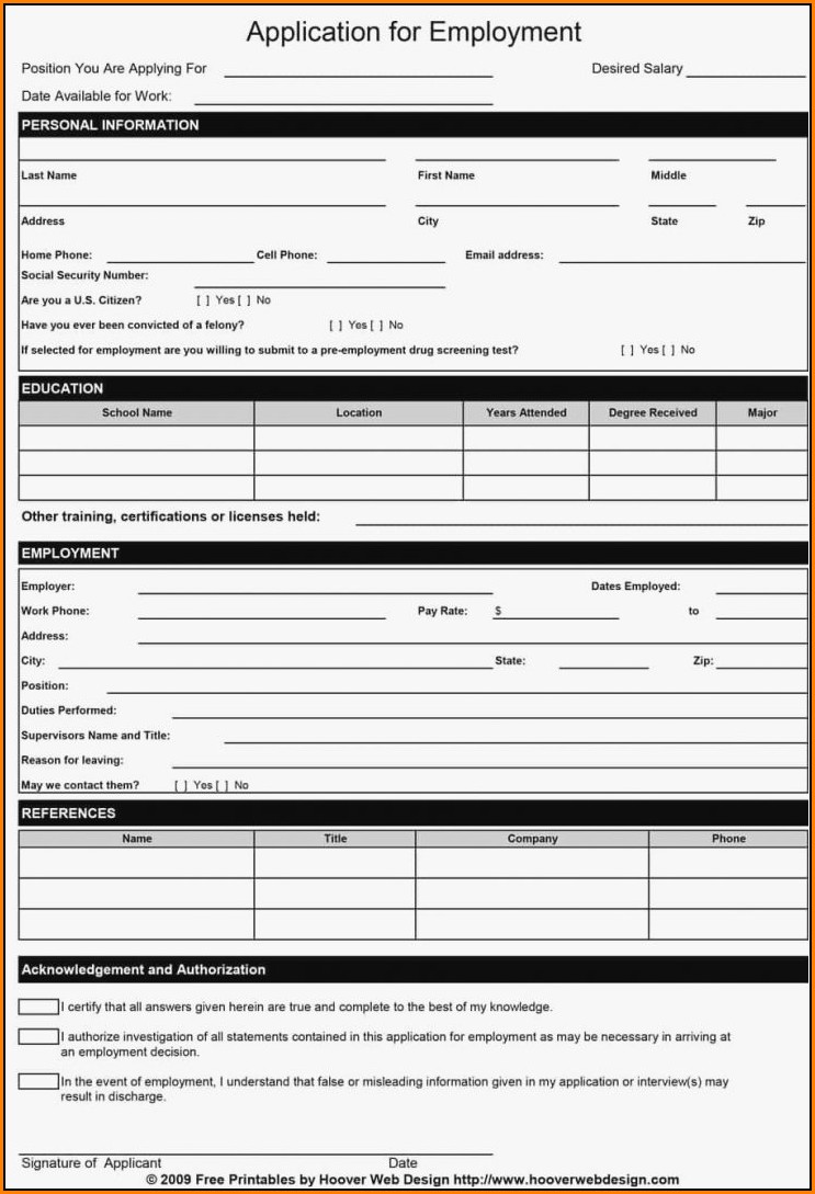 Blank Job Application Forms Printable Uk
