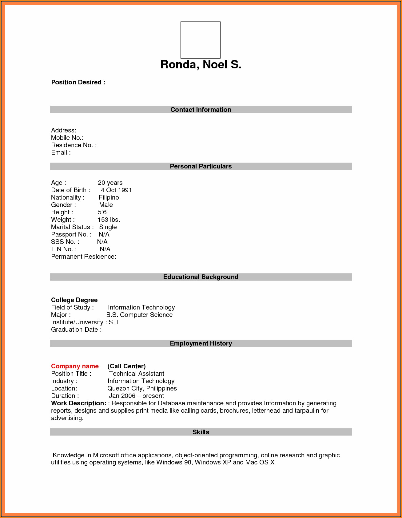 Blank Resume Form For Job Application Pdf