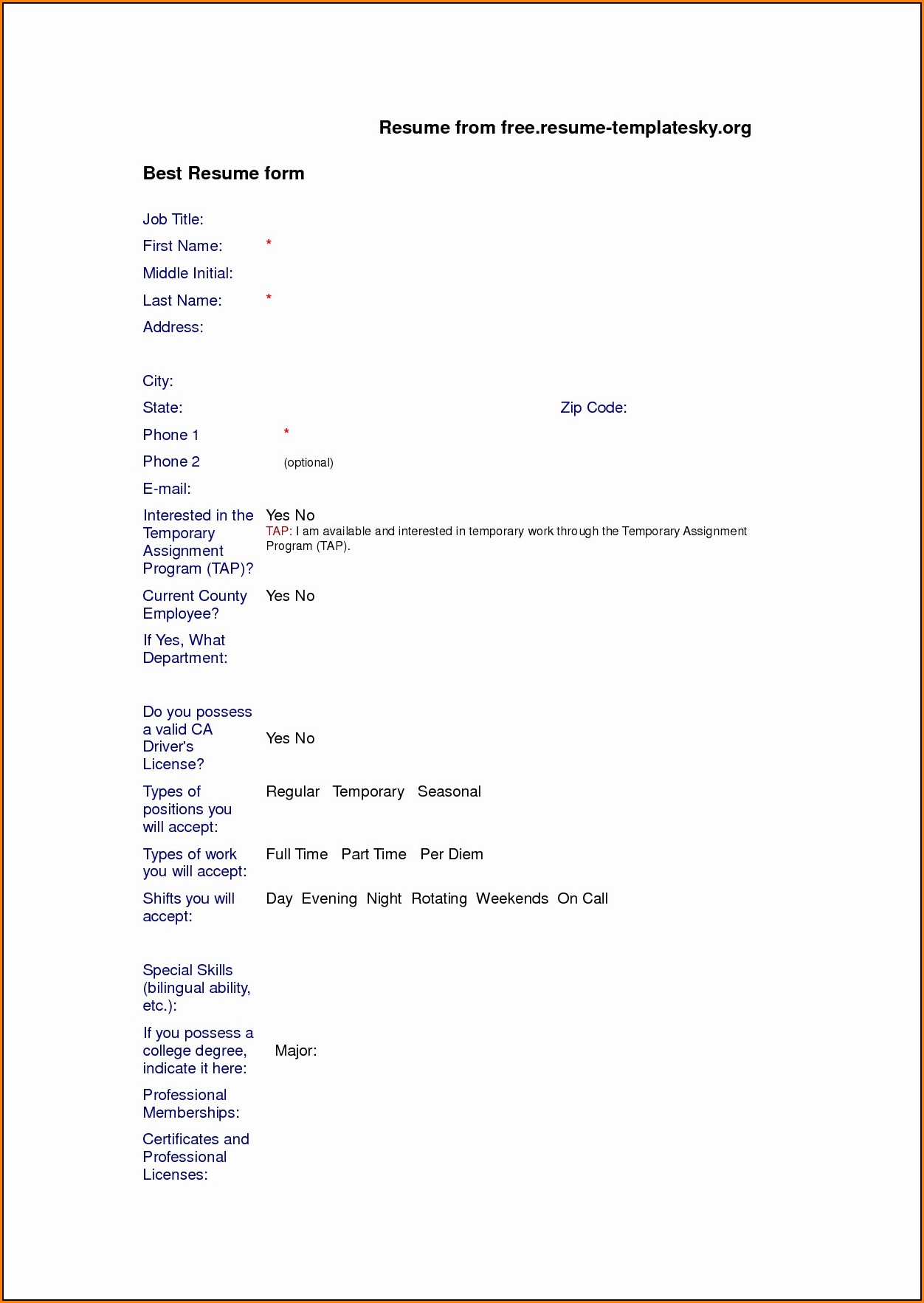 Blank Resume Forms Free Download