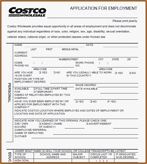 Costco Jobs Application Form